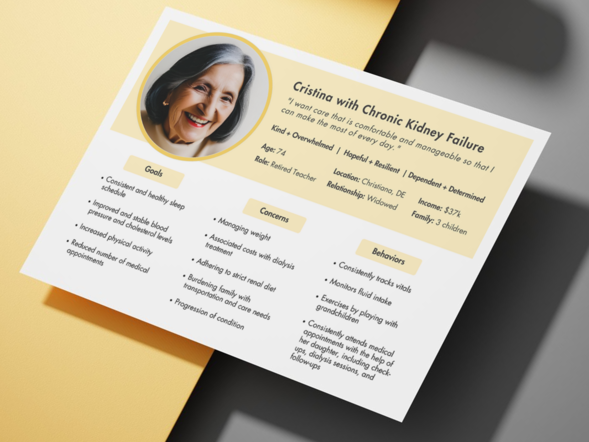 Mockup of a persona on printed paper.