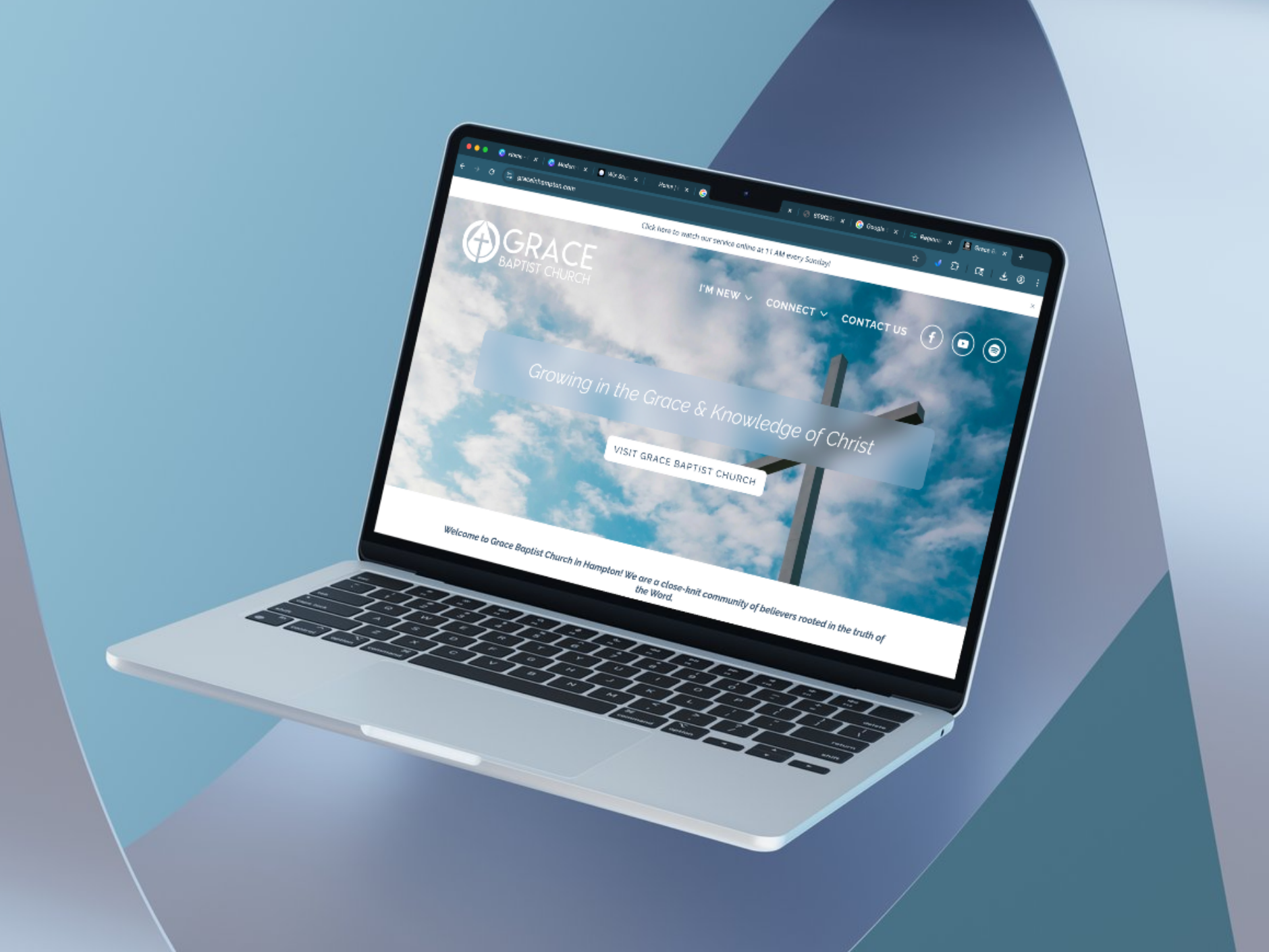 Mockup of a church website on an Apple Macbook