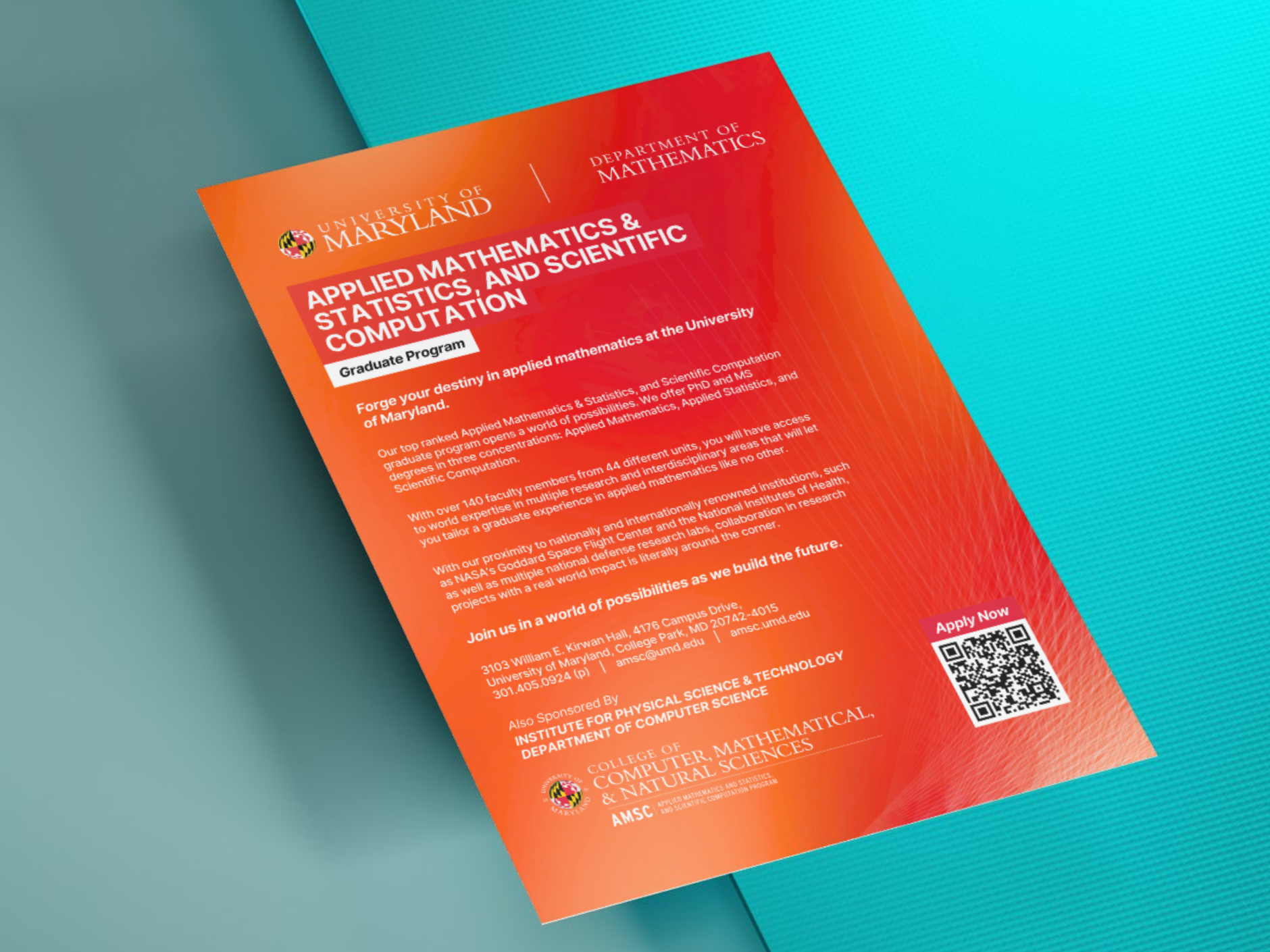 Bright orange-red poster with white text and university logos on top. Text is not fully readable as it is a mockup.